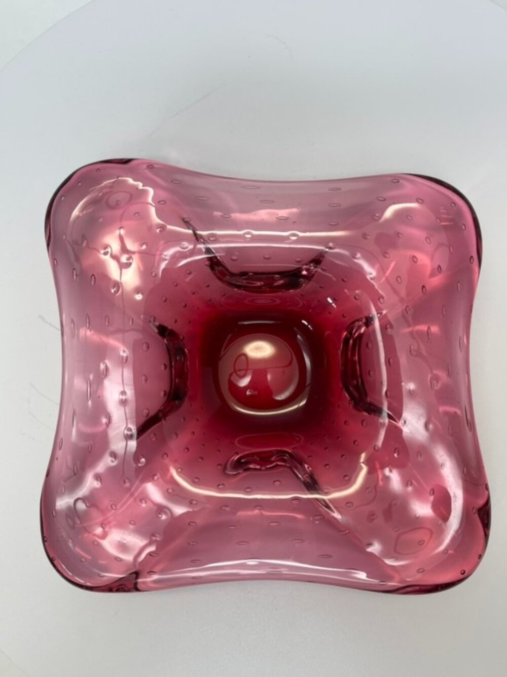 Vintage Cranberry Controlled Bubble Art Glass Bowl Plate 8” - Picture 2 of 8